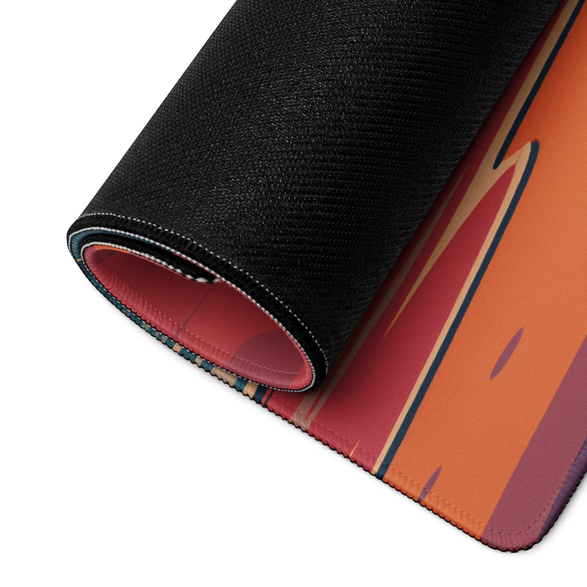 Rolled-up Tropical Sunset Beach gaming mouse pad with orange-red gradient