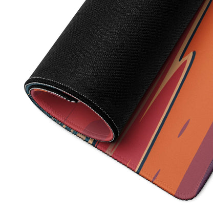 Rolled-up Tropical Sunset Beach gaming mouse pad with orange-red gradient