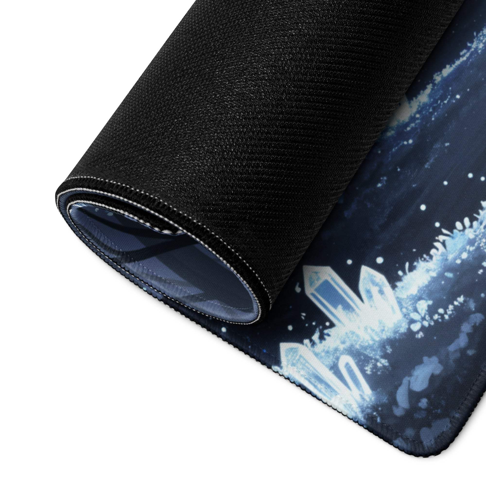 Mystic Forest Blue Night gaming mouse pad with cosmic blue crystals and stars
