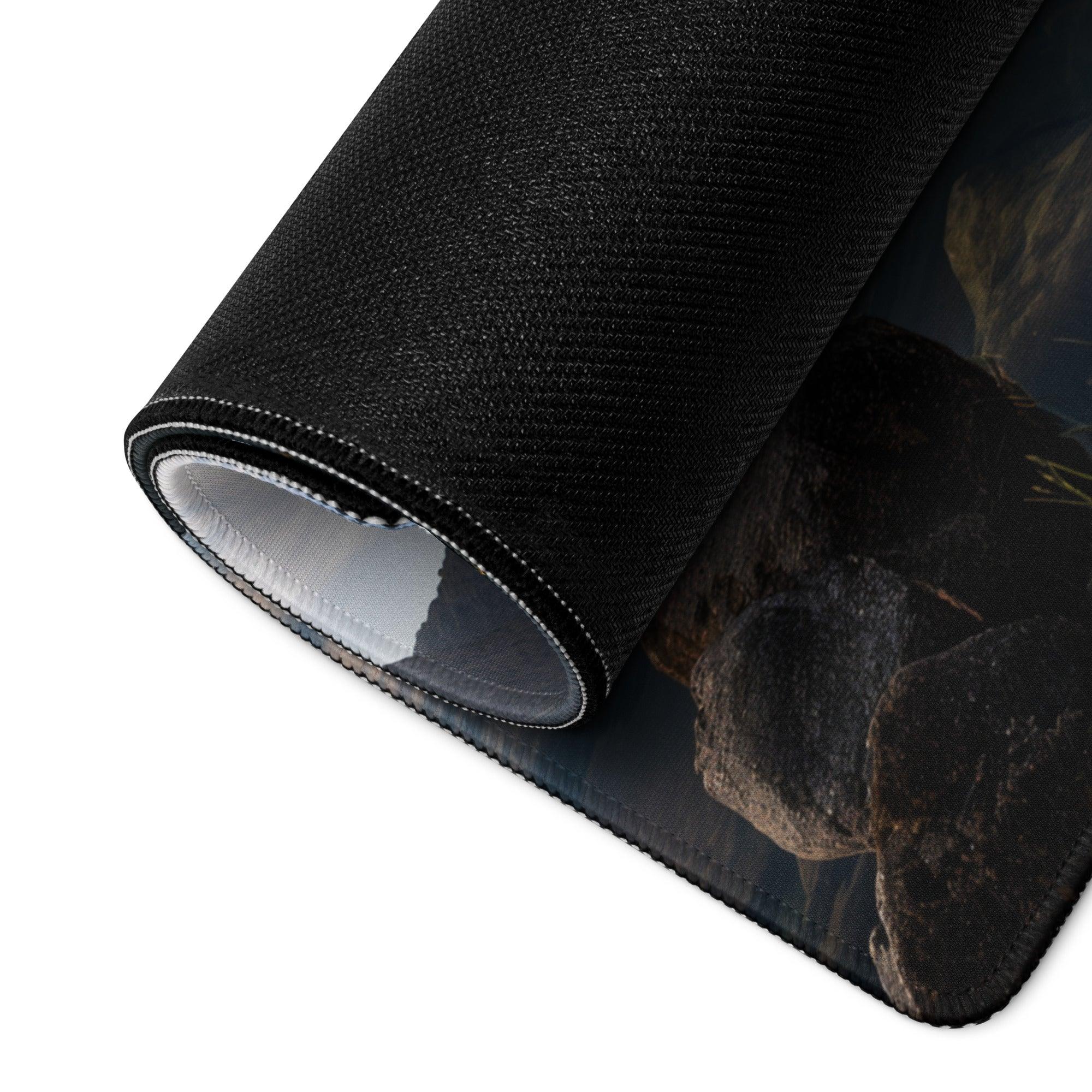 Black rock landscape gaming mouse pad with stitched edges and non-slip base