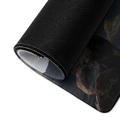 Black rock landscape gaming mouse pad with stitched edges and non-slip base