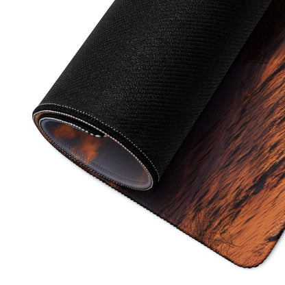 Black textured wood grain mousepad with warm orange purple sunset design