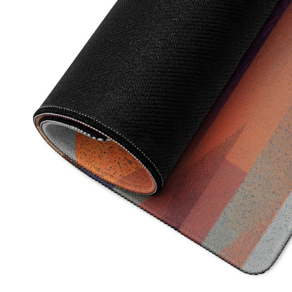 Black textured gaming mouse pad with rolled edge, abstract orange rust gray design, non-slip base