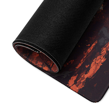 Black gaming mouse pad with fiery orange red autumn forest design