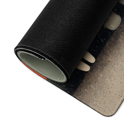 Black textured gaming mousepad with beige gray abstract design, rolled view