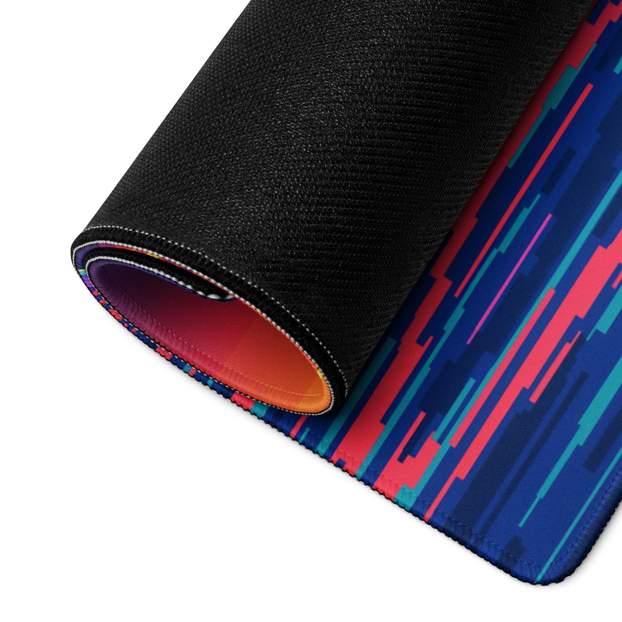 Rolled-up Vibrant Pixel Ocean Sunset Dolphin gaming mousepad with bold stripes