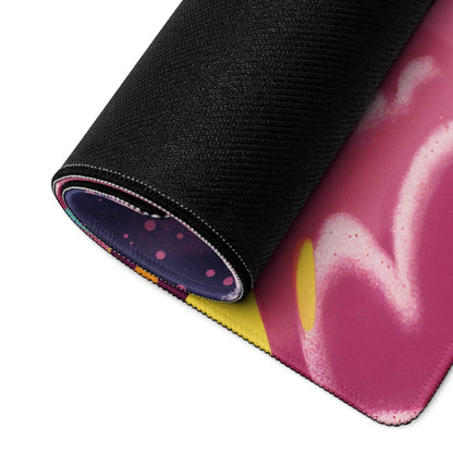 Vibrant pink yellow cosmic whimsical space gaming mousepad with black border