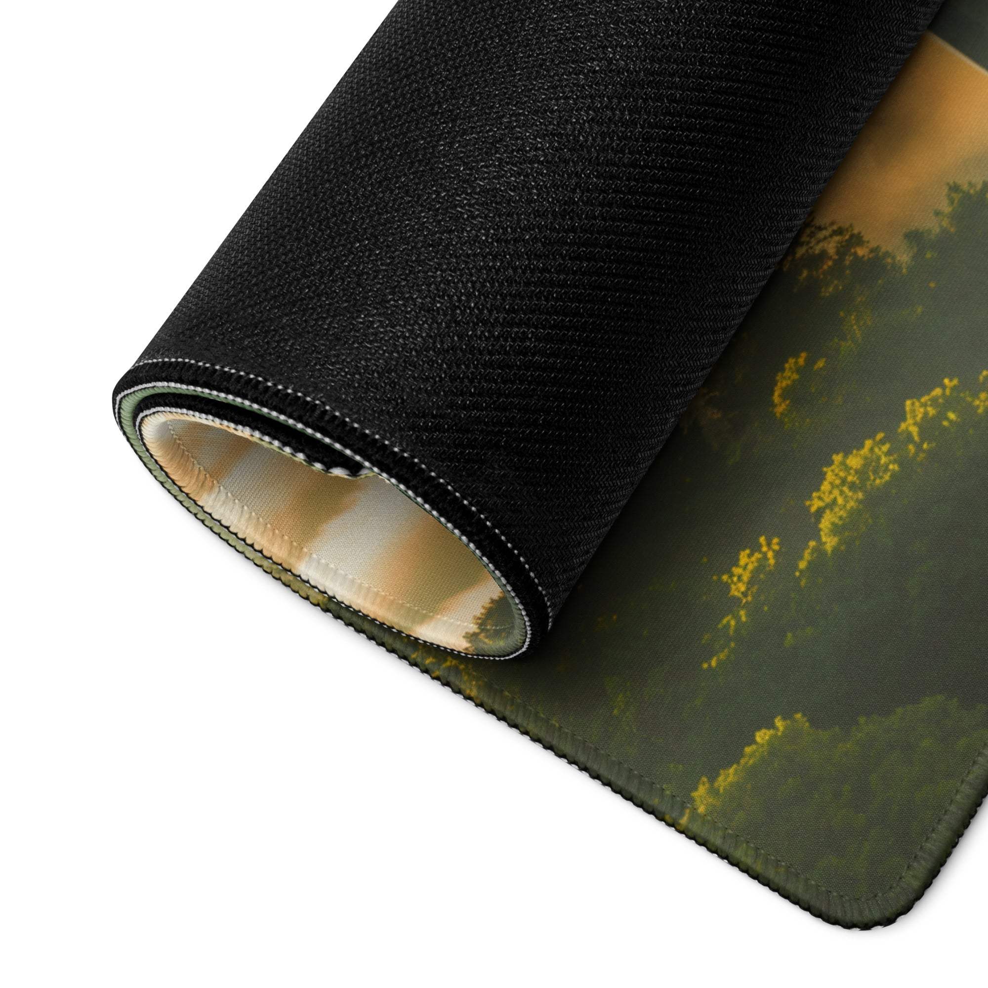 Black textured gaming mousepad with olive green golden forest scene