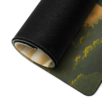 Black textured gaming mousepad with olive green golden forest scene