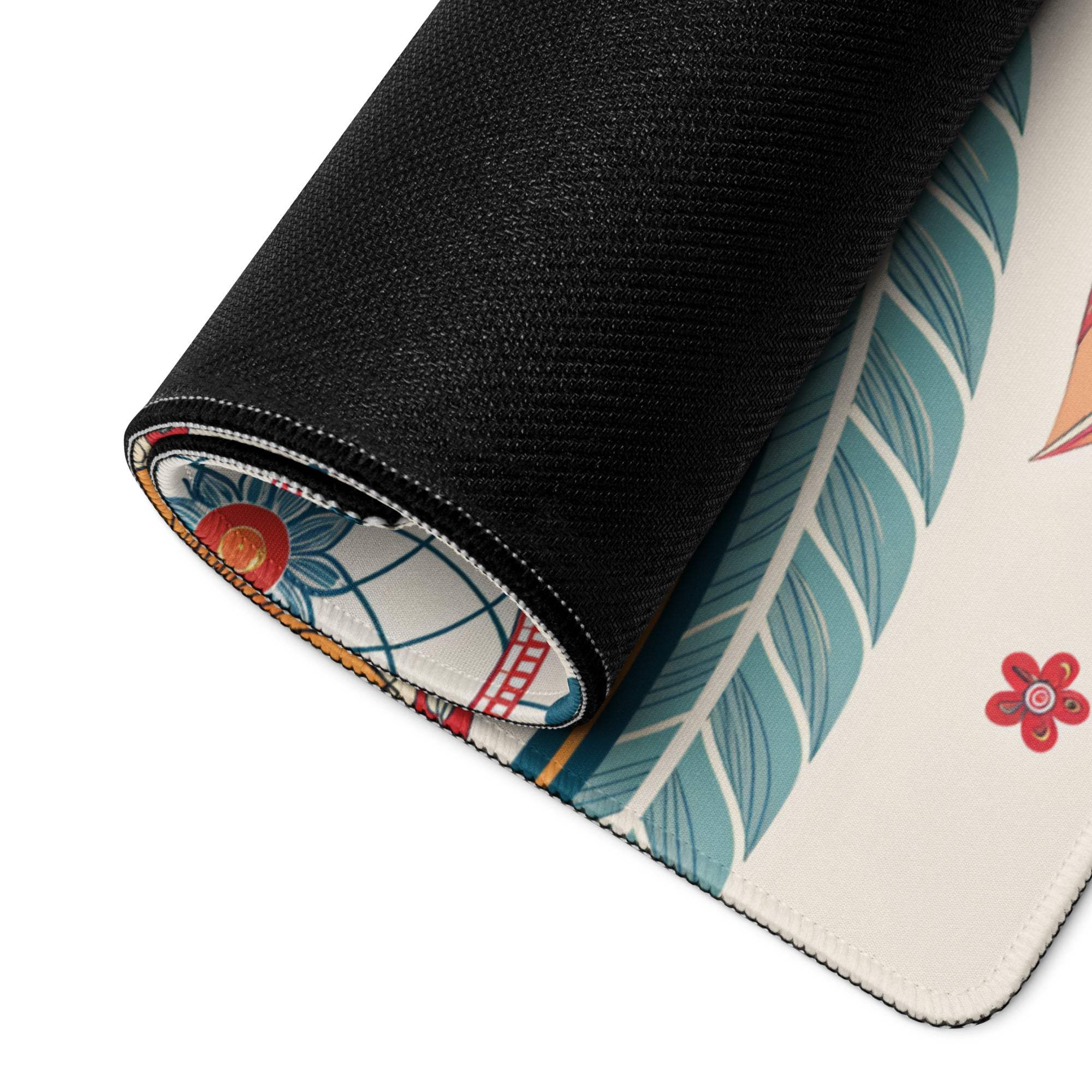 Boho floral cream large gaming mouse pad rolled up with tropical design