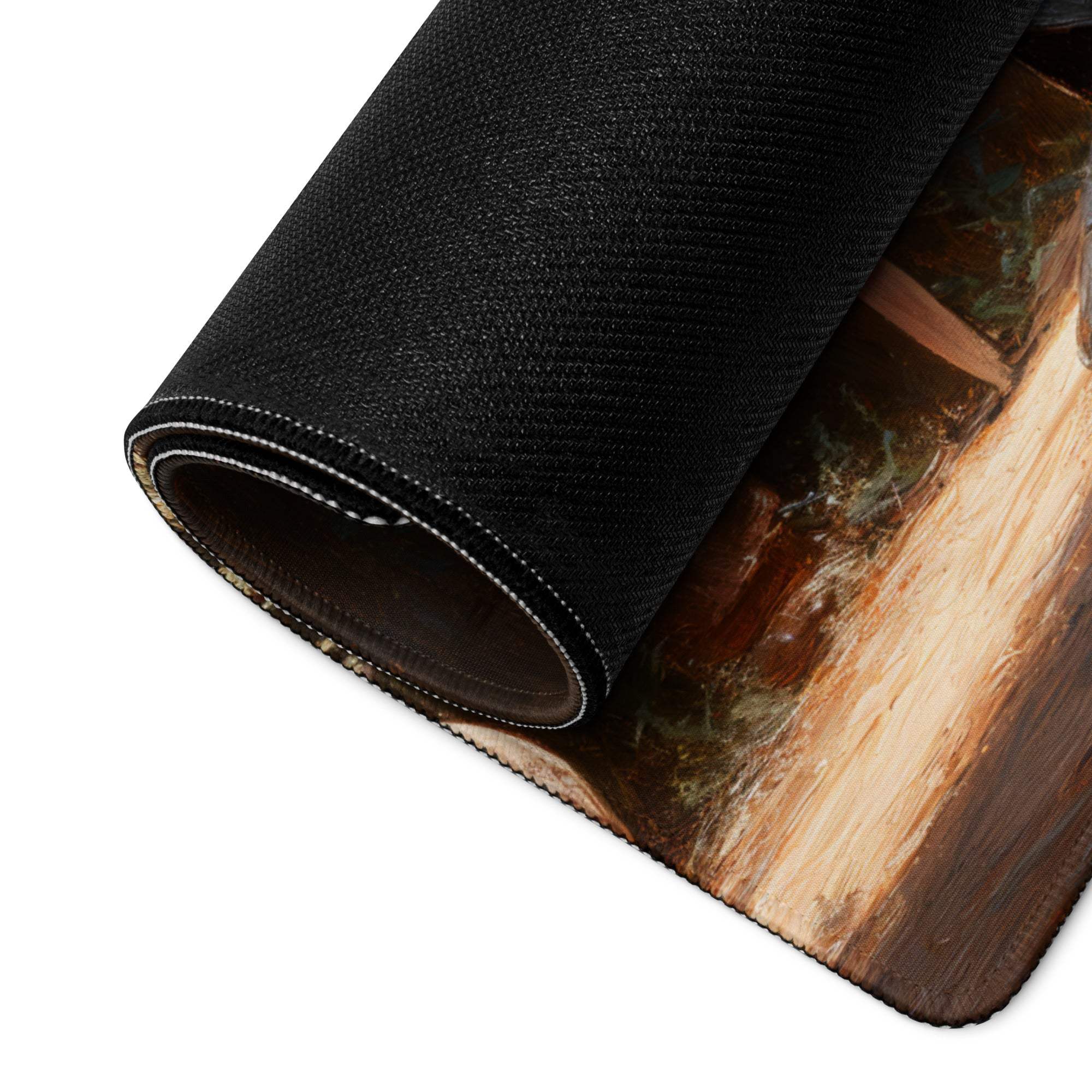 Dark Knight In Forest Ruins black wood grain textured mousepad