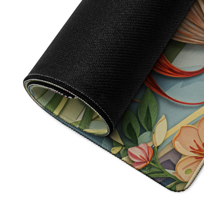 Vibrant Forest Fairy floral gaming mouse pad rolled up, colorful blossoms