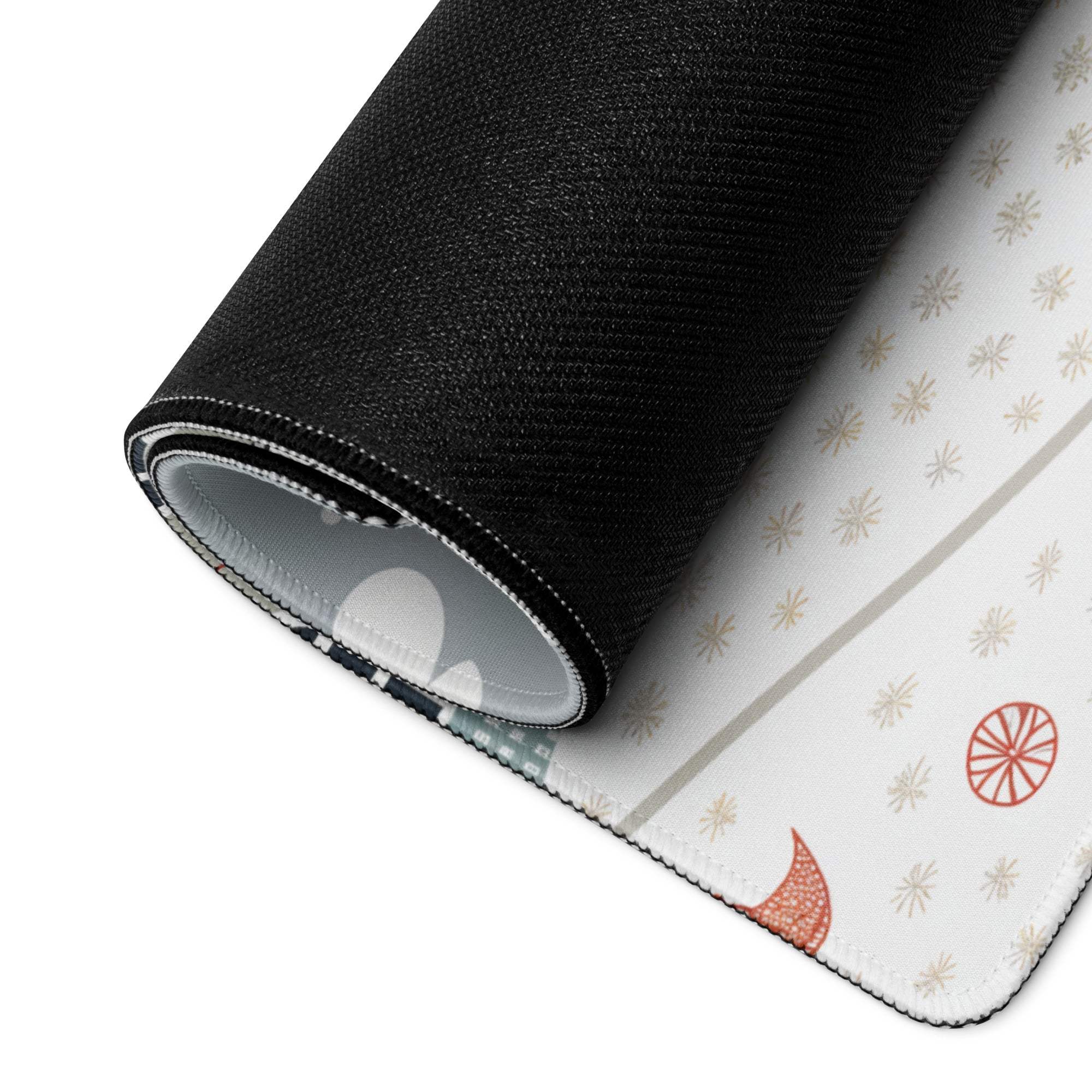 Back side of Winter Village Cozy Snowy Blue gaming mouse pad with black and white geometric non-slip base