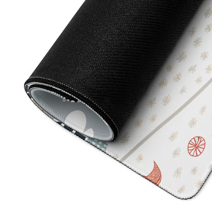 Back side of Winter Village Cozy Snowy Blue gaming mouse pad with black and white geometric non-slip base