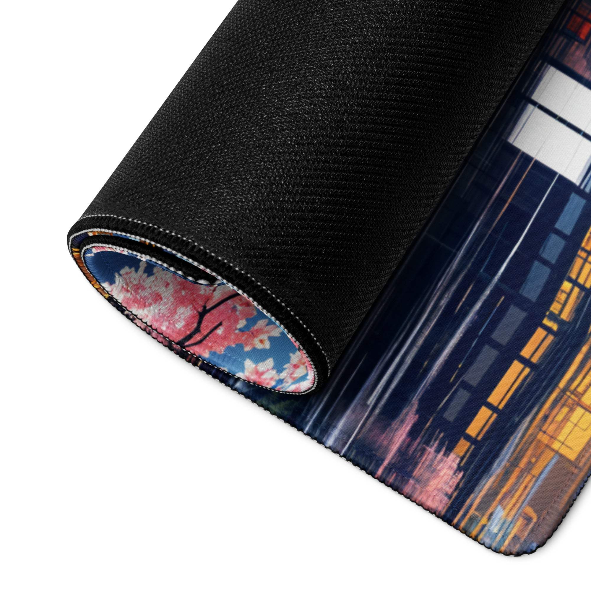 Black textured mousepad underside with vibrant cherry blossom, Mount Fuji design
