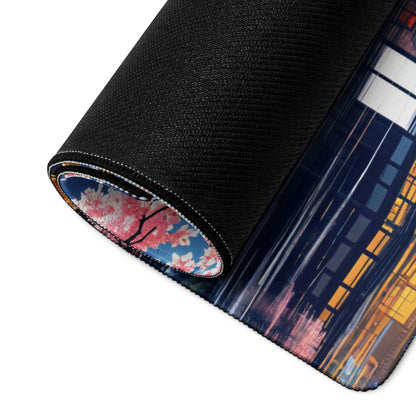 Black textured mousepad underside with vibrant cherry blossom, Mount Fuji design