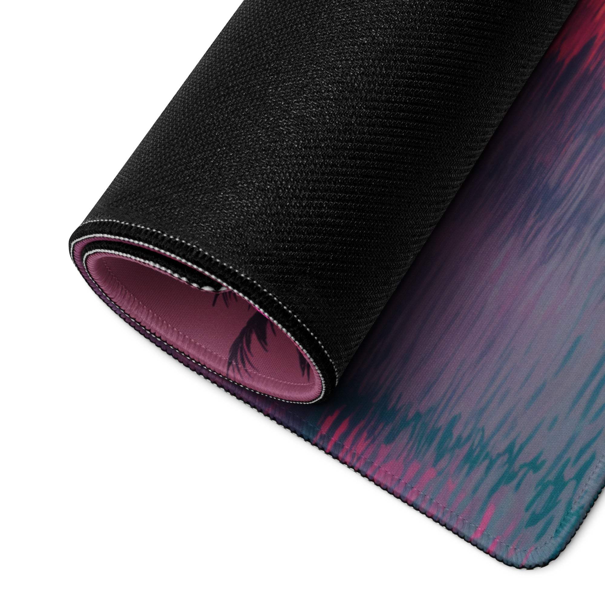 Neon Vaporwave Sunset Palms large gaming mouse pad rolled up with purple-to-teal gradient