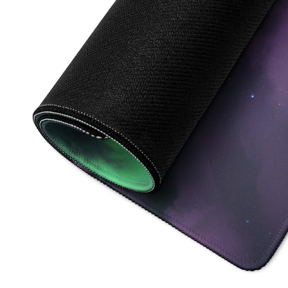Black cosmic galaxy mousepad rolled, purple-green hues, durable non-slip base