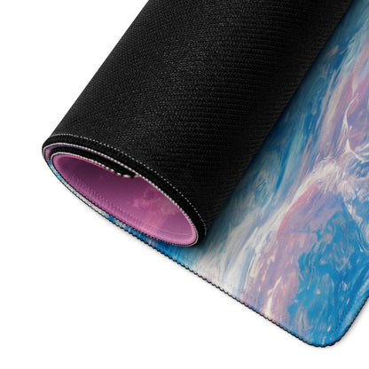 Rolled-up Cosmic Space Scene gaming mouse pad with blue purple nebula and pink lining