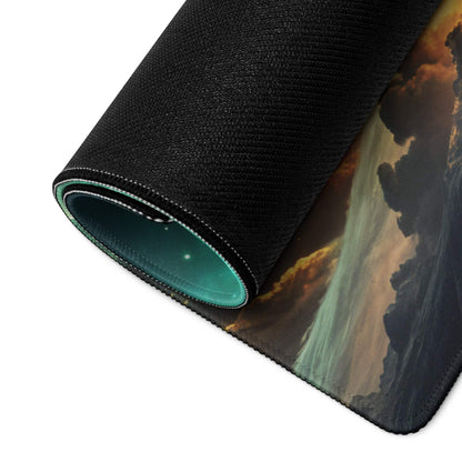 Epic Cosmic Swirl gaming mouse pad with teal edge, orange-brown-green clouds