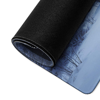 Black textured large gaming mousepad with blue winter forest design