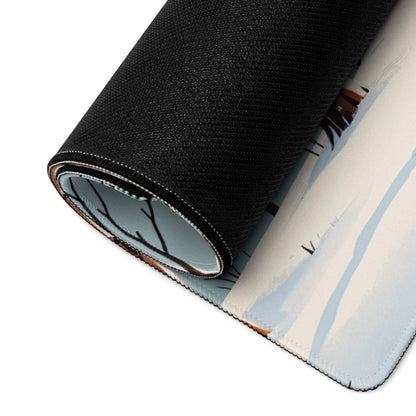 Black rolled-up cozy winter cabin snowy forest mouse pad in blue tones