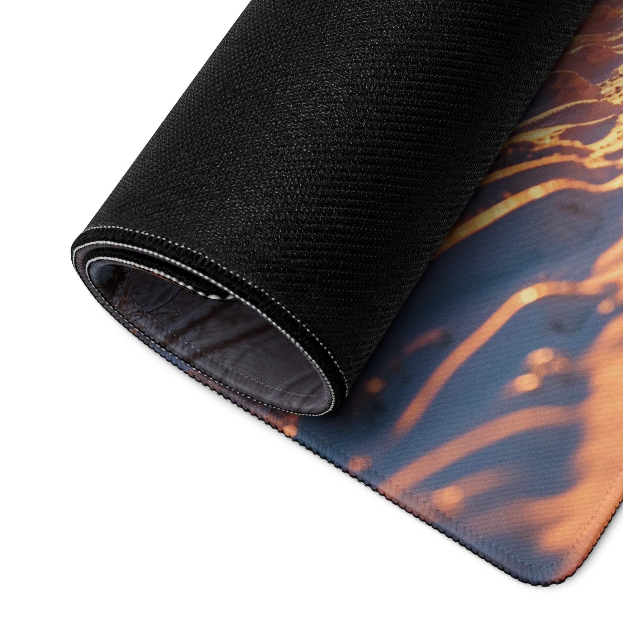 Black textured Epic Forest Sunset mousepad with orange blue edge design