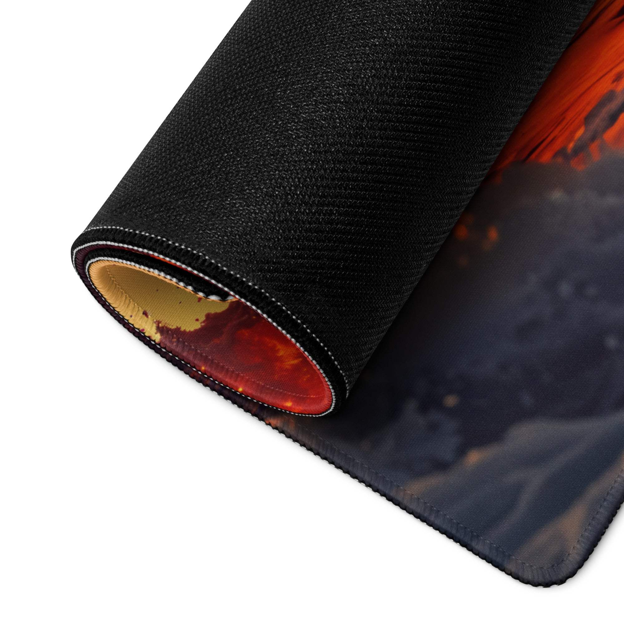 Black fiery lava gaming mousepad with non-slip base and stitched edges