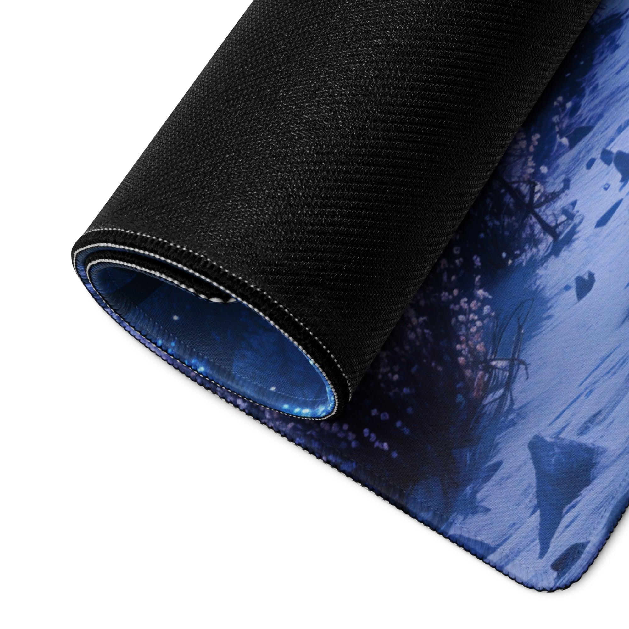 Black textured Enchanted Night Forest mousepad with blue purple luminescence