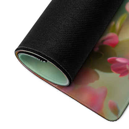 Rolled-up Pastel Floral Butterfly On Blossom gaming mouse pad with pink floral design