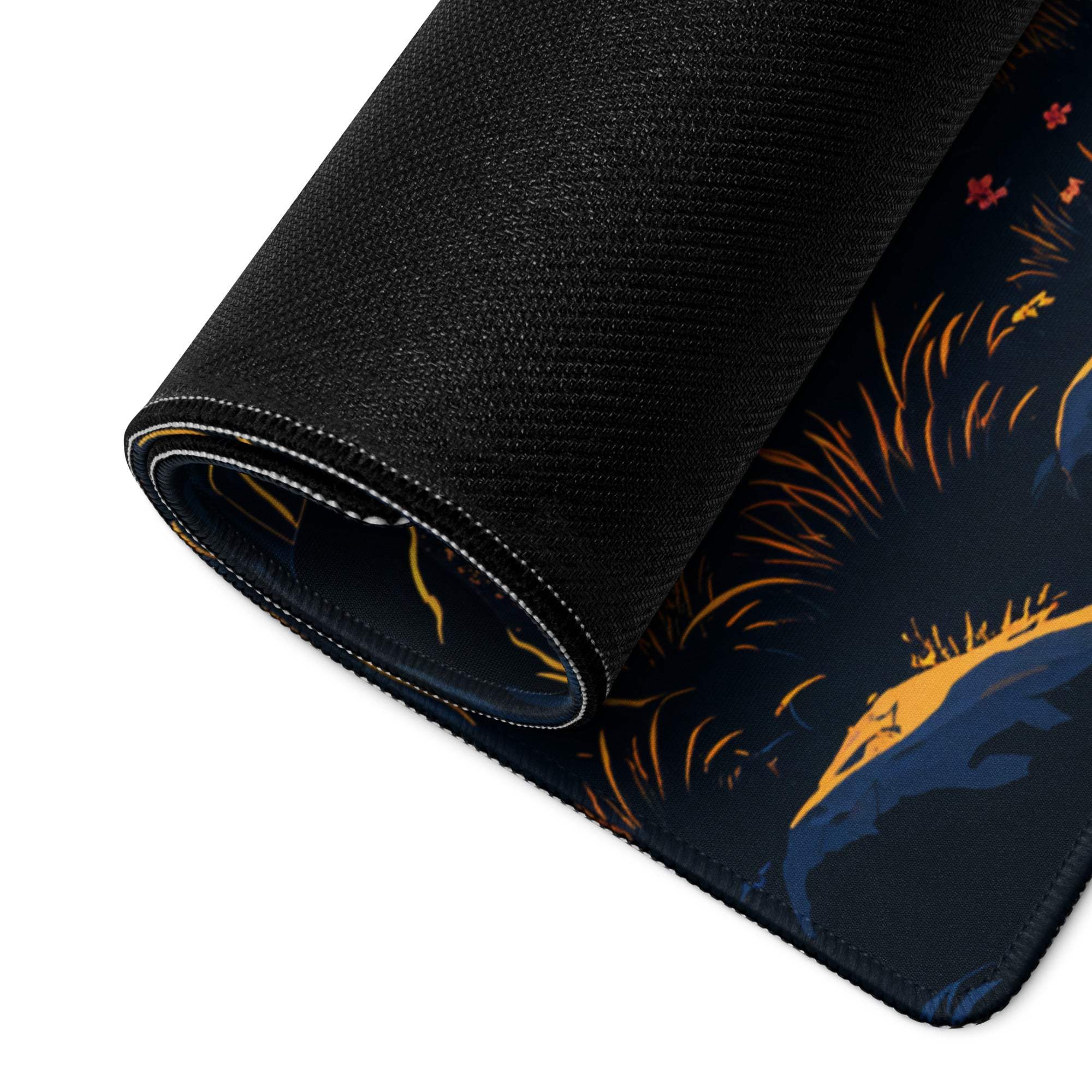 Black gaming mousepad with blue gold dragon and warm sunset forest scene