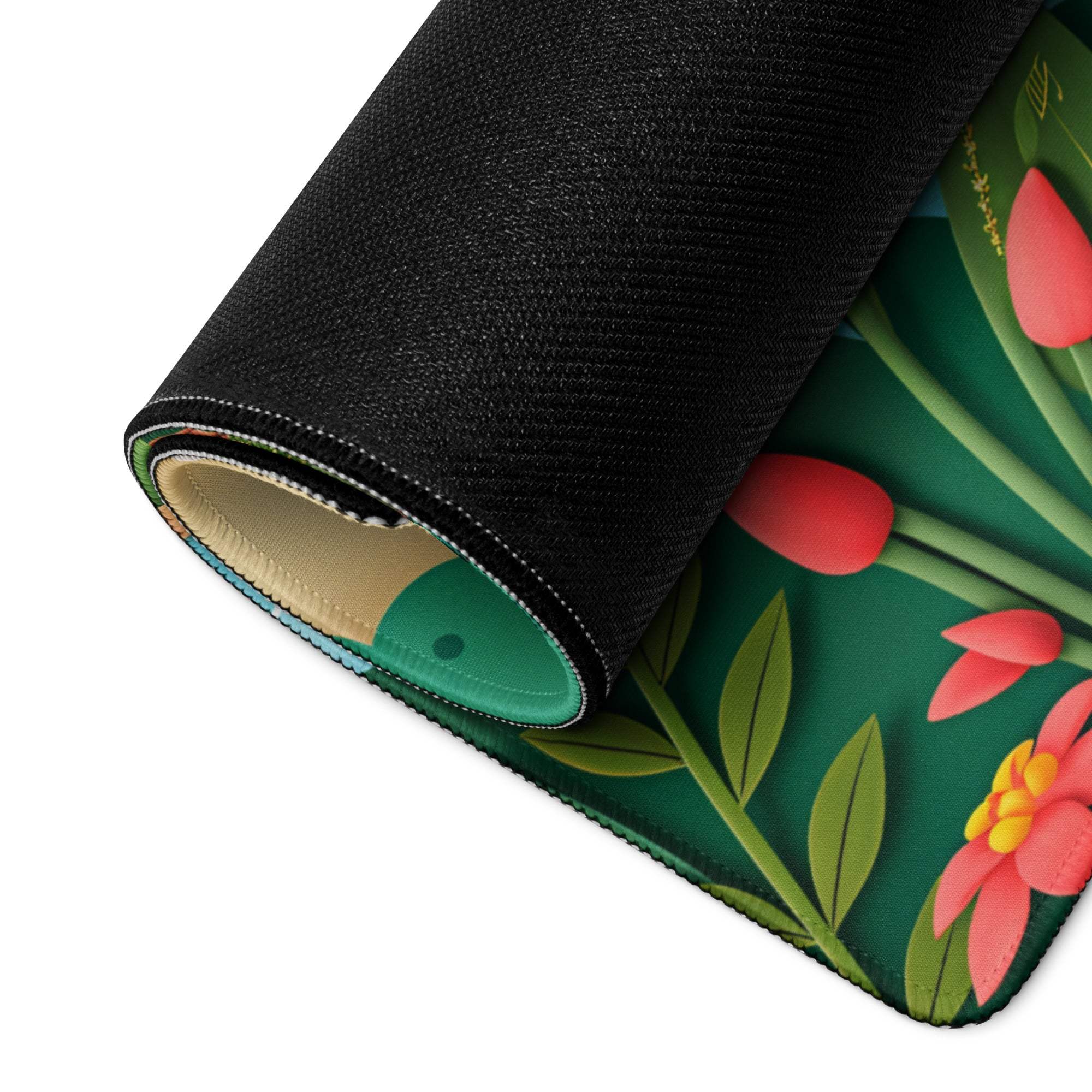Rolled-up Vibrant Nature Scene gaming mouse pad with pink tulips