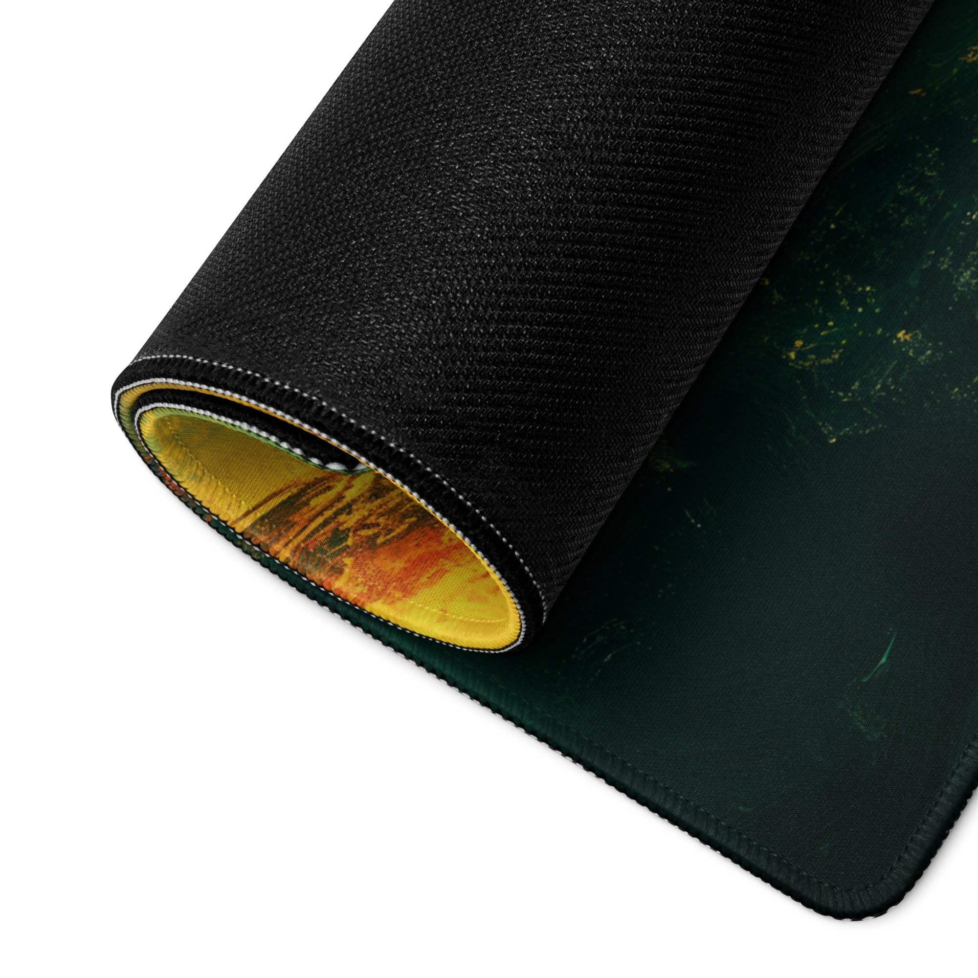 Black textured Epic Fantasy Phoenix gaming mousepad with vibrant yellow-orange rolled edge
