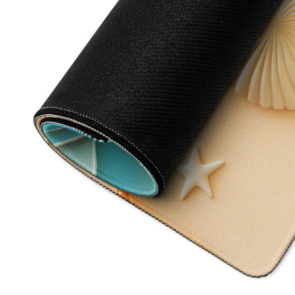 Beige black rolled mousepad with turquoise beach starfish shells waves