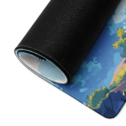 Black textured anime landscape mousepad with vibrant blue green yellow waterfall design