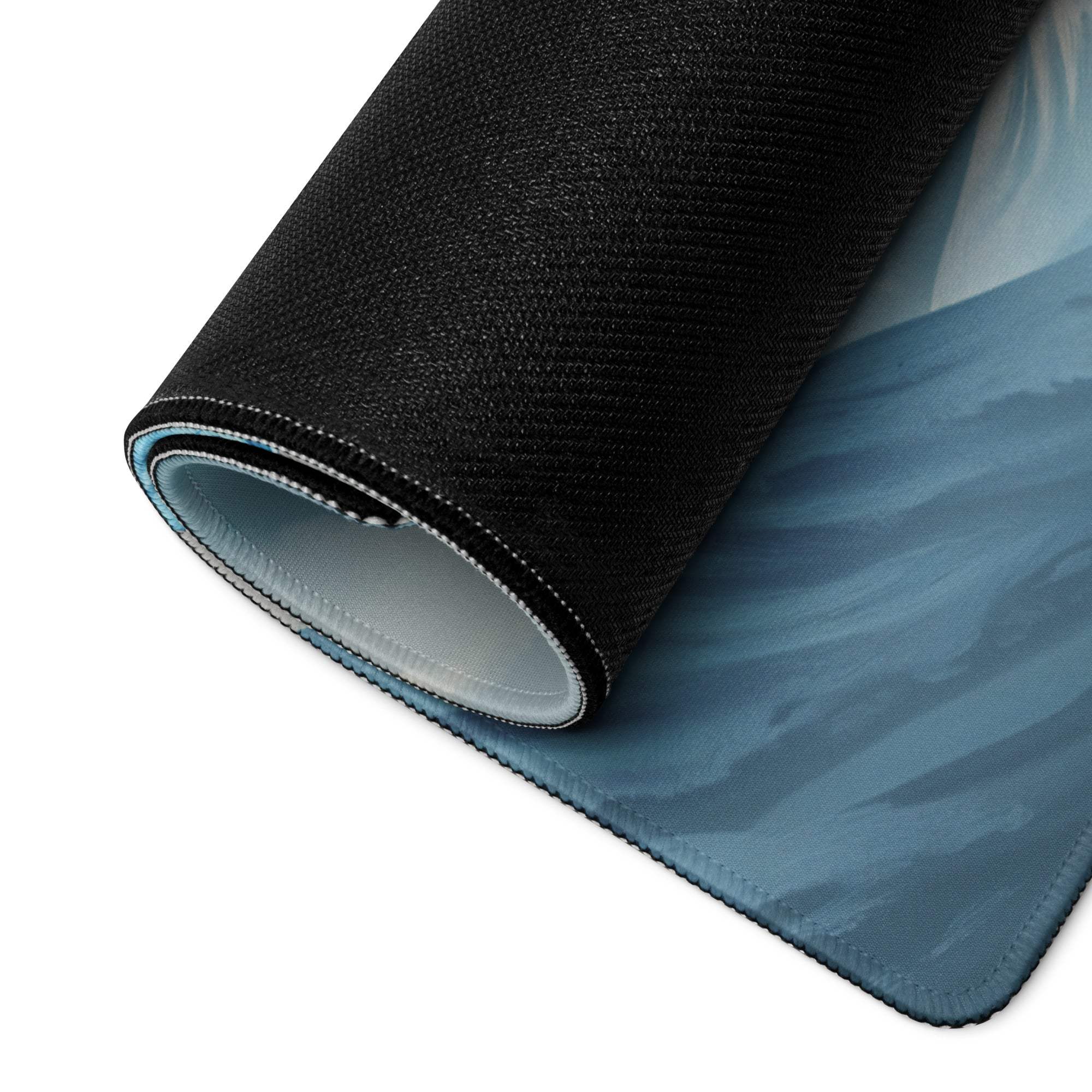 Black textured Epic Dragon gaming mousepad back with blue watercolor design