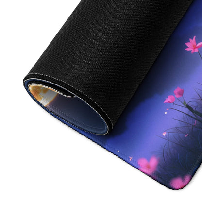 Rolled-up Vibrant Night Sky Cherry Blossom gaming mouse pad with purple pink florals