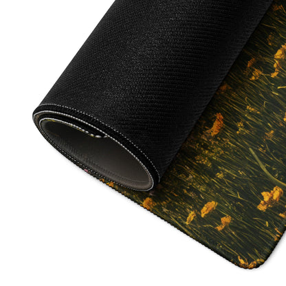 Black textured mousepad with golden flowers in tall grass and warm glow
