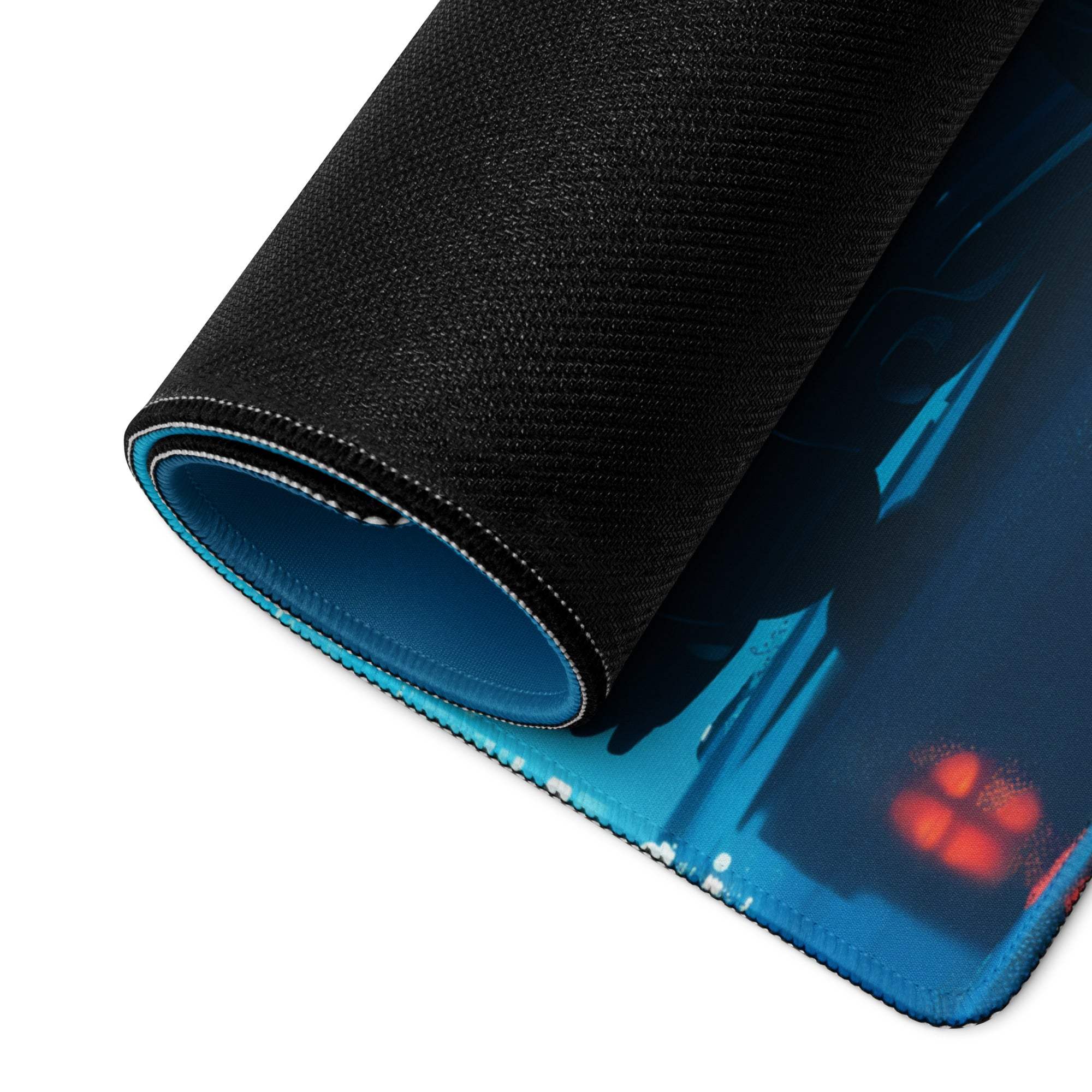 Cyberpunk Night Drive Neon Blue large gaming mouse pad with futuristic cityscape