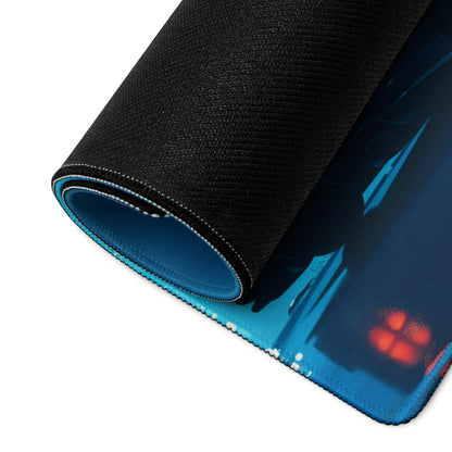 Cyberpunk Night Drive Neon Blue large gaming mouse pad with futuristic cityscape