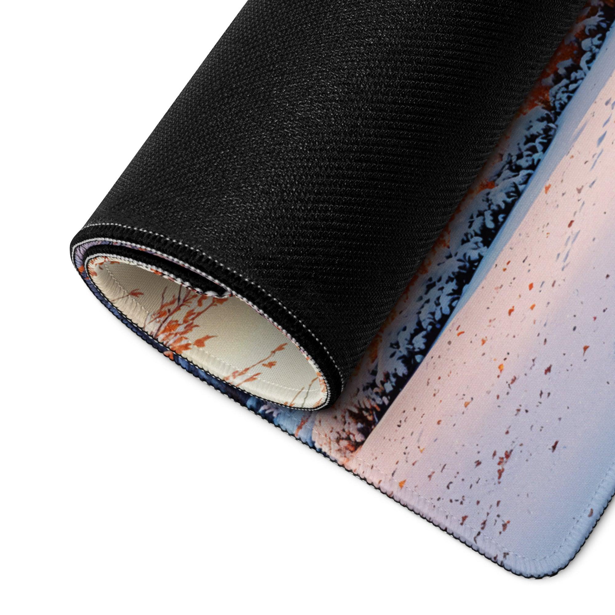 Dreamy Winter Park snow scene mousepad with rolled edge stitching
