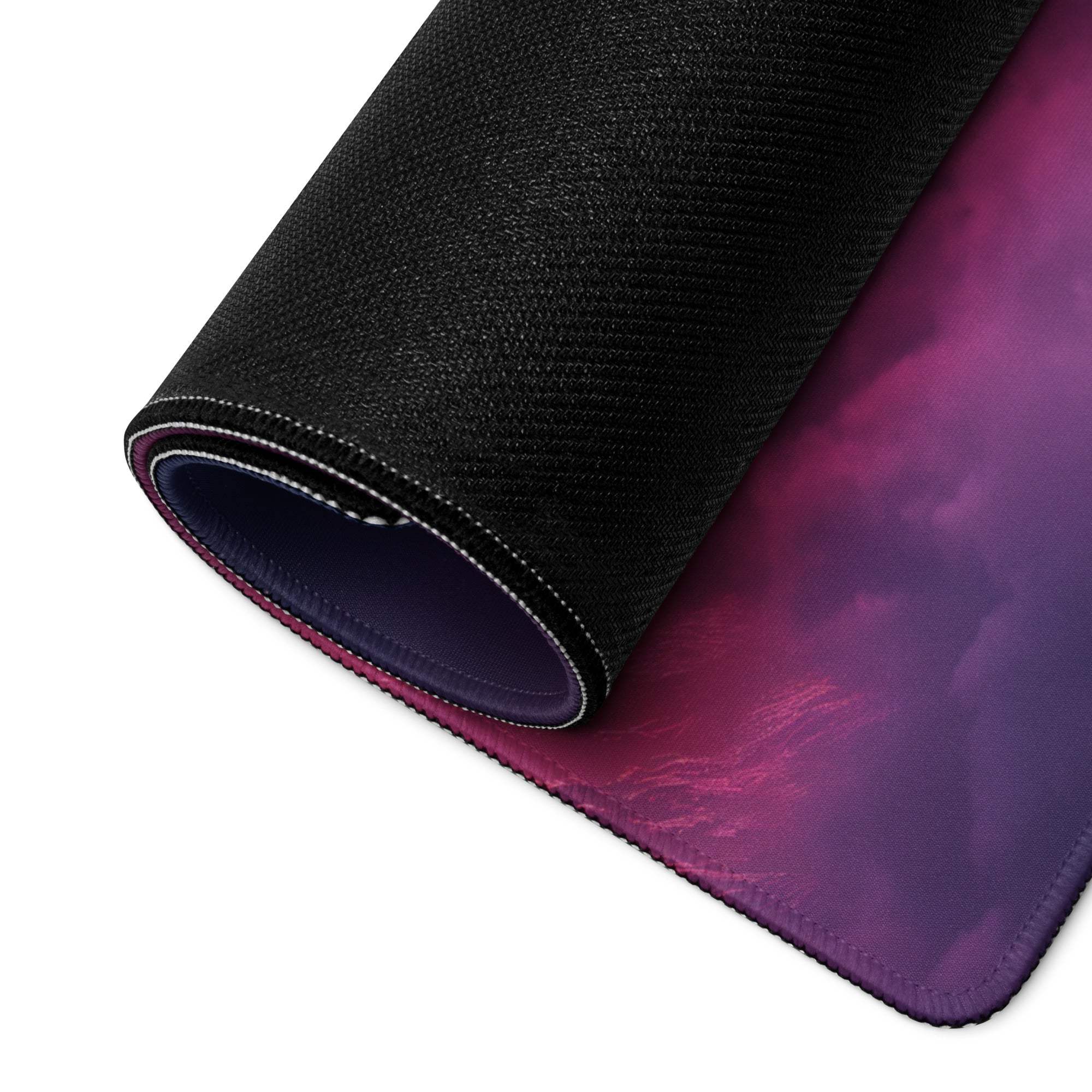 Rolled cosmic neon pink purple gradient gaming mousepad with non-slip backing