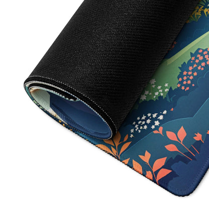 Rolled-up artistic landscape gaming mouse pad with orange leaves and flowers
