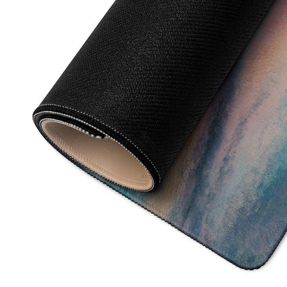 Rolled-up Pastel Sunset large gaming mouse pad with gradient blues, purples, pinks