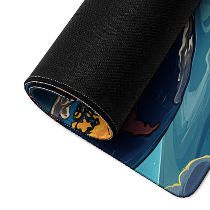 Rolled-up Cosmic Space Scene gaming mouse pad with blue waves and orange accents