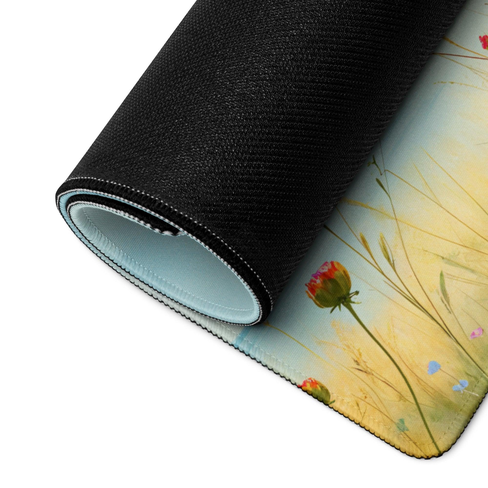 Rolled Pastel Meadow large gaming mouse pad with floral design and non-slip base