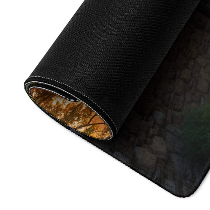 Black textured gaming mousepad with stone path autumn tree design