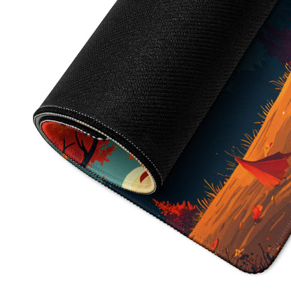 Black textured gaming mousepad with autumn forest edge illustration and red tent