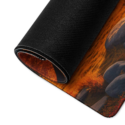 Large Autumn Landscape gaming mouse pad with orange brown forest, black textured rolled edge, non-slip backing