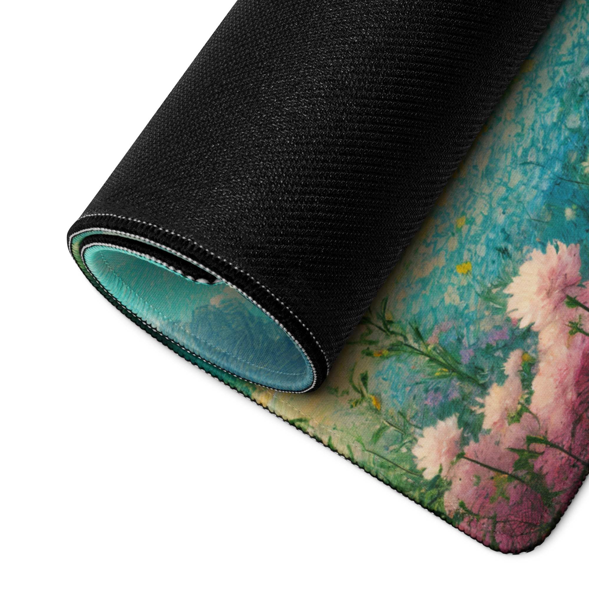 Rolled Impressionist wildflower field gaming mousepad with vibrant pink purple blossoms on teal
